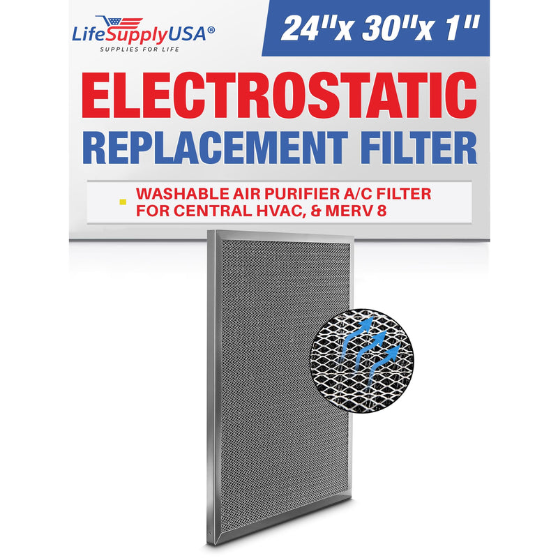 LifeSupplyUSA 24x30x1 Electrostatic Air Filter, MERV 8, Washable, Reusable Furnace AC/HVAC Filter, Energy Saving, Easy to Clean, Long-Lasting