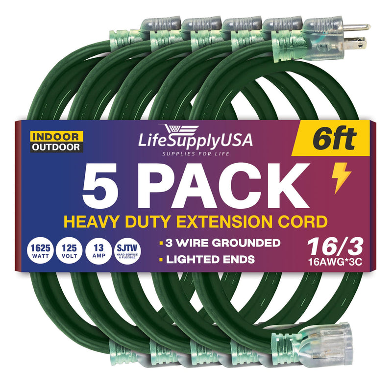 6ft Outdoor/Indoor Extension Cord 16/3 Gauge Heavy Duty 3 Prong SJTW, Waterproof, Flexible Cold-Resistant Long Power Cord,125 Amp 1625W, Green by LifeSupplyUSA (5-Pack)