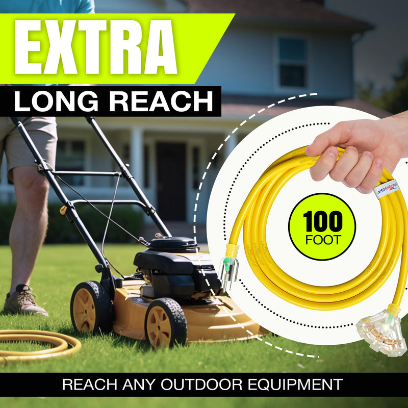 100ft Outdoor/Indoor Extension Cord 3-Outlet 12/3 Gauge Extra Heavy Duty ETL Listed, 3 Prong SJTW, Waterproof, Flexible Cold-Resistant Long Power Cord,125 Amp 1875W, Yellow by LifeSupplyUSA