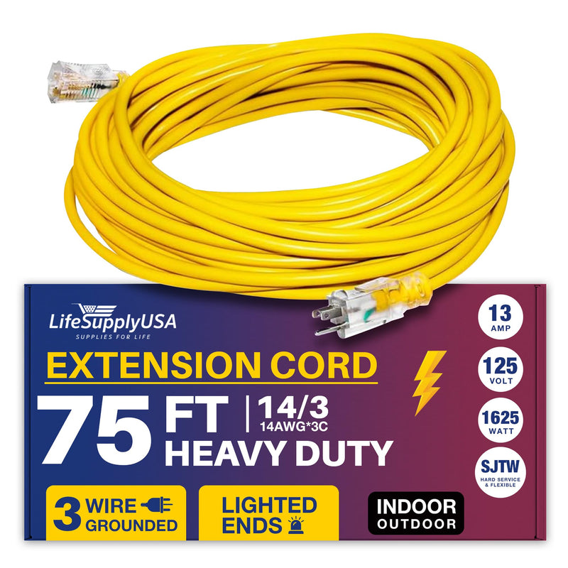 75ft Power Extension Cord Outdoor & Indoor - Waterproof Electric Drop Cord Cable - 3 Prong SJTW, 14 Gauge, 13 AMP, 125 Volts, 1625 Watts, 14/3 by LifeSupplyUSA - Yellow (1 Pack)