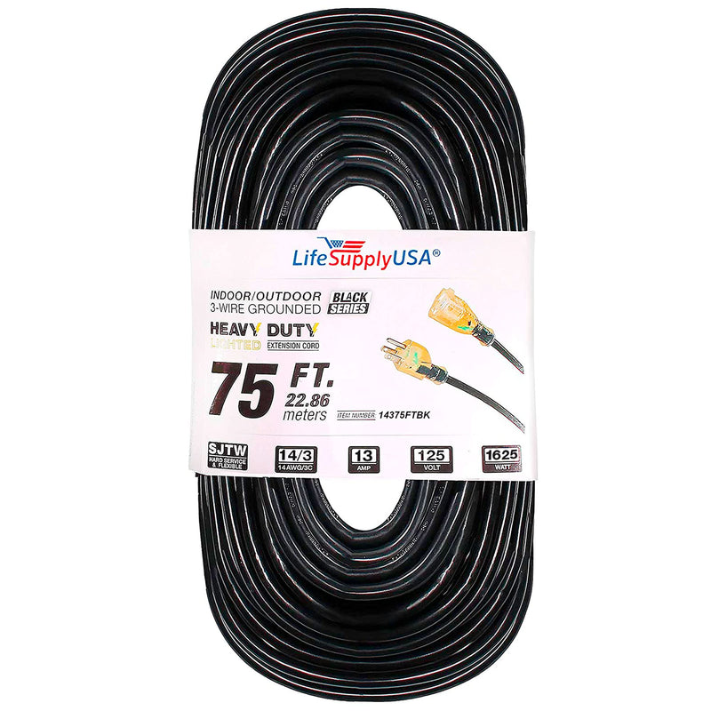 75ft Power Extension Cord Outdoor & Indoor - Waterproof Electric Drop Cord Cable - 3 Prong SJTW, 10 Gauge, 15 AMP, 125 Volts, 1875 Watts, 10/3 by LifeSupplyUSA - Black (1 Pack)