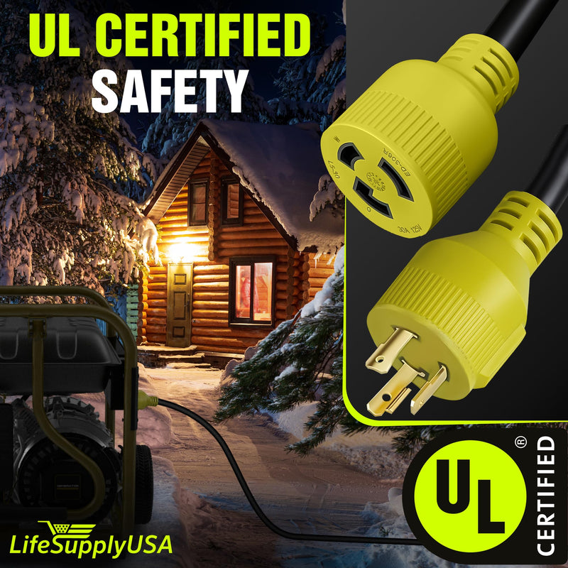 50ft Generator Extension Cord 30 AMP 3-Prong (L5-30P / L5-30R) - 10AWG3 125V STW - Hook and Loop Strap ETL by LifeSupplyUSA