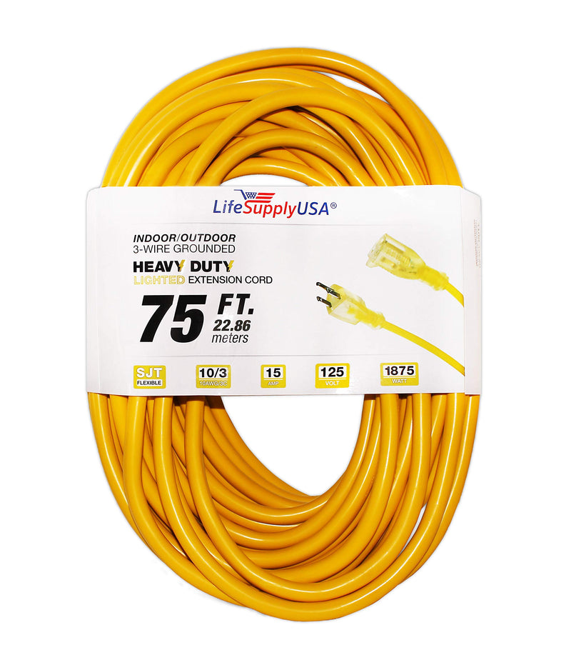(2-Pack) 75 ft Power Extension Cord Outdoor & Indoor Heavy Duty 10 Gauge/3 Prong SJTW (Yellow) Lighted end Extra Durability 15 AMP 125 Volts 1875 Watts by LifeSupplyUSA