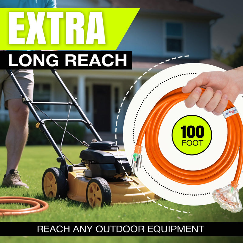 100ft Outdoor/Indoor Extension Cord 3-Outlet 12/3 Gauge Extra Heavy Duty ETL Listed, 3 Prong SJTW, Waterproof, Flexible Cold-Resistant Long Power Cord,125 Amp 1875W, Orange by LifeSupplyUSA