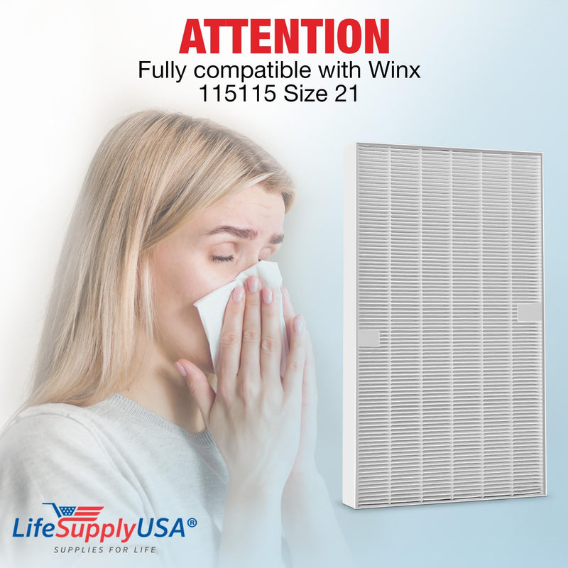 LifeSupplyUSA True HEPA Air Cleaner Filter Replacement Compatible with Winix PlasmaWave 115115, Size 21 (4-Pack)