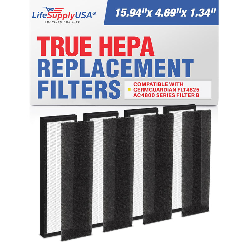 LifeSupplyUSA True HEPA Filter Replacement Compatible with GermGuardian FLT4825 AC4800 Series Filter B Air Purifier (4-Pack)