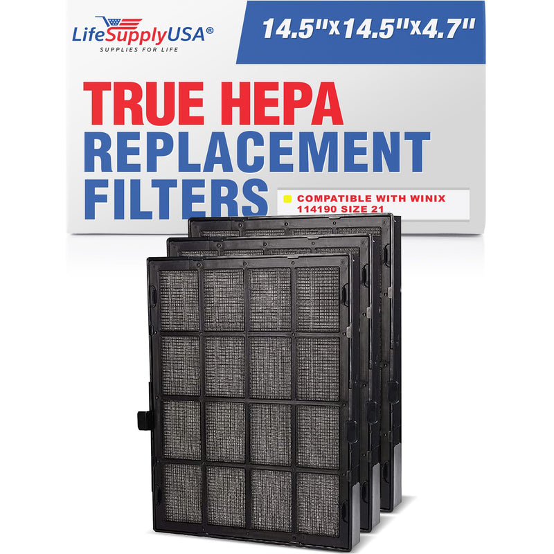 True HEPA Air Cleaner Filter Replacement All-in-One Washable Cassette Cartridge Compatible with Winix 114190 Size 21, Filter B by LifeSupplyUSA (3-Pack)