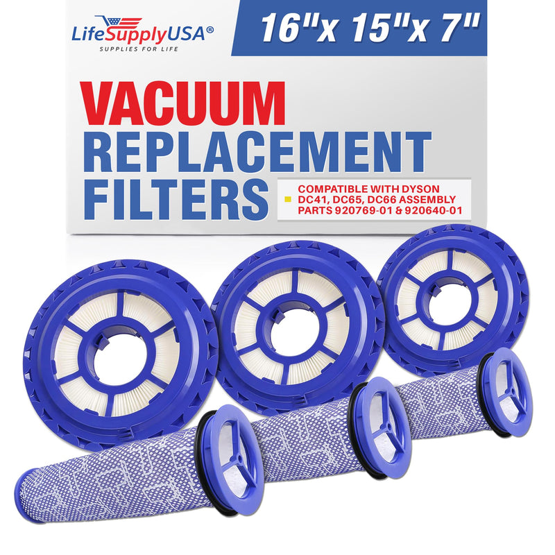 LifeSupplyUSA HEPA Post-Motor Filter & Pre-Motor Filter Kit Replacement Compatible with Dyson DC41, DC65, DC66 Assembly Parts 920769-01 & 920640-01 (3-Pack)