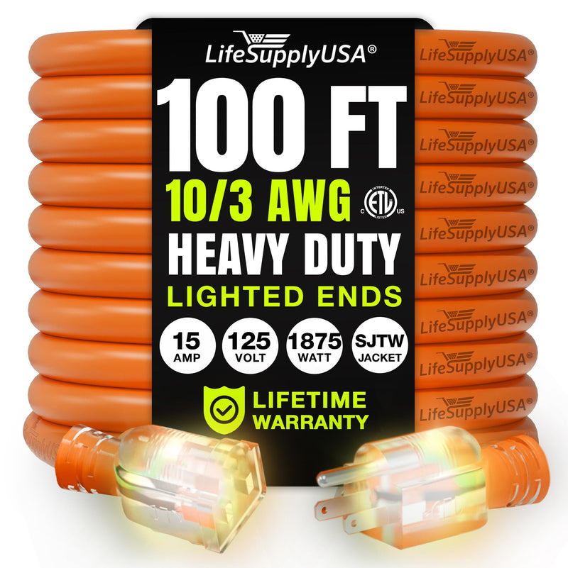 100ft Outdoor/Indoor Extension Cord 10/3 Gauge Ultra Heavy Duty 3 Prong SJTW, Waterproof, ETL Listed, Flexible Cold-Resistant Long Power Cord,125 Amp 1875W, Orange by LifeSupplyUSA