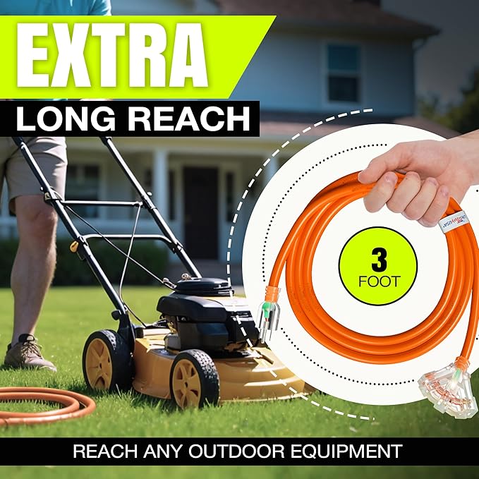 3ft Outdoor/Indoor Extension Cord 3-Outlet 12/3 Gauge Extra Heavy Duty ETL Listed, 3 Prong SJTW, Waterproof, Flexible Cold-Resistant Long Power Cord,125 Amp 1875W, Orange by LifeSupplyUSA