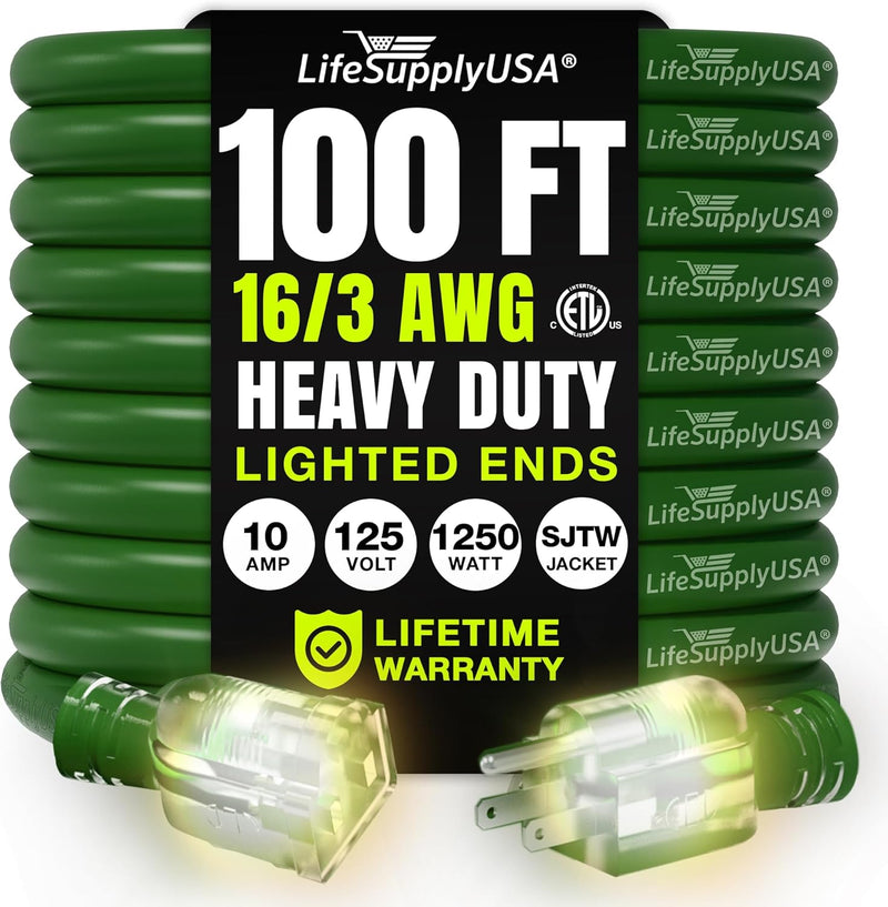 100ft Outdoor/Indoor Extension Cord 16/3 Gauge Heavy Duty 3 Prong SJTW, Waterproof, ETL Listed, Flexible Cold-Resistant Long Power Cord,125 Amp 1250W, Green by LifeSupplyUSA