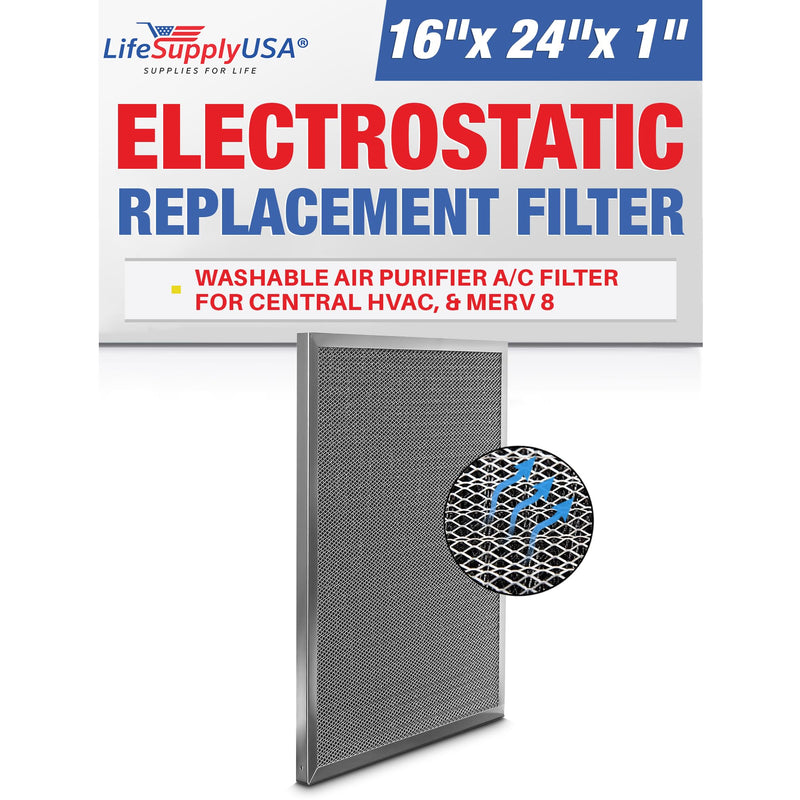LifeSupplyUSA 16x24x1 Electrostatic Air Filter, MERV 8, Washable, Reusable Furnace AC/HVAC Filter, Energy Saving, Easy to Clean, Long-Lasting