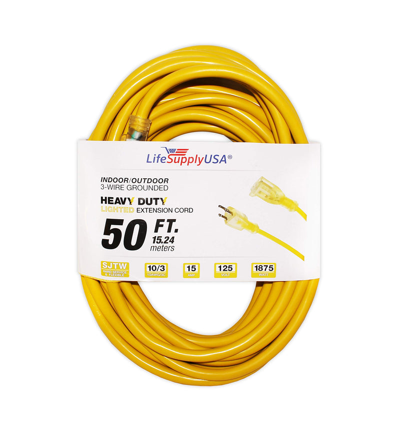 (2-Pack) 50 ft Power Extension Cord Outdoor & Indoor Heavy Duty 10 Gauge/3 Prong SJTW (Yellow) Lighted end Extra Durability 15 AMP 125 Volts 1875 Watts by LifeSupplyUSA