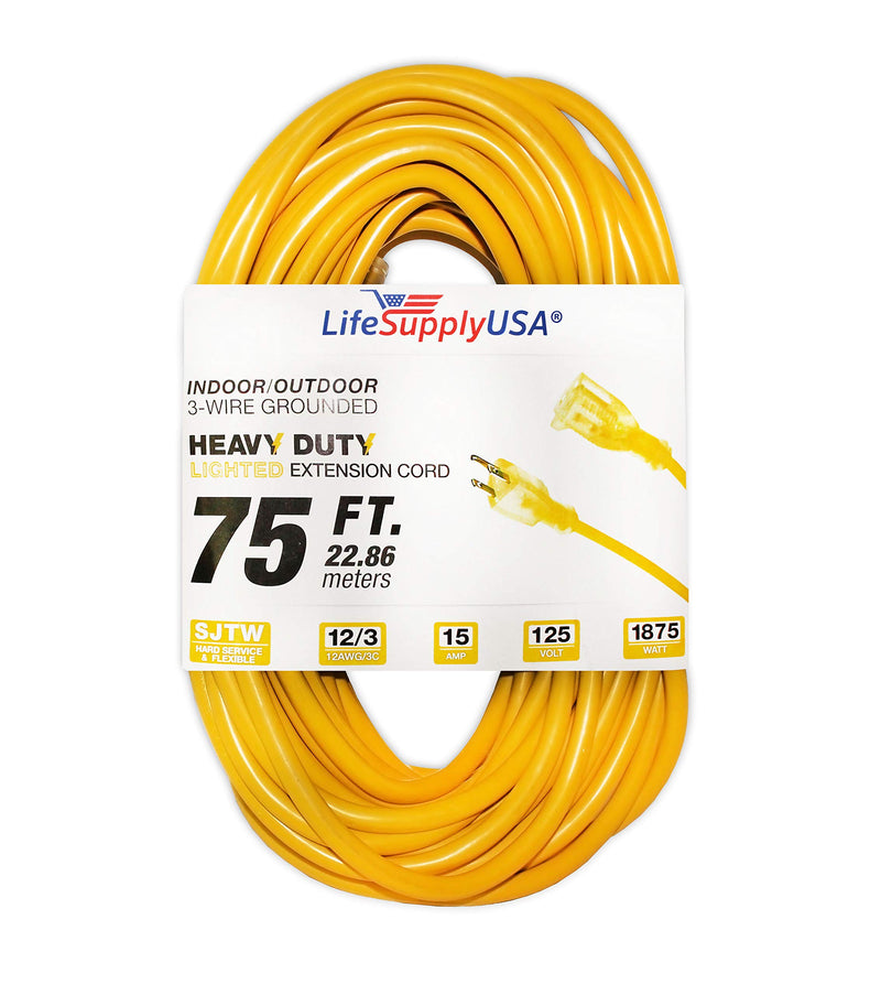 (2-Pack) 75 ft Power Extension Cord Outdoor & Indoor Heavy Duty 12 Gauge/3 Prong SJTW (Yellow) Lighted end Extra Durability 15 AMP 125 Volts 1875 Watts by LifeSupplyUSA