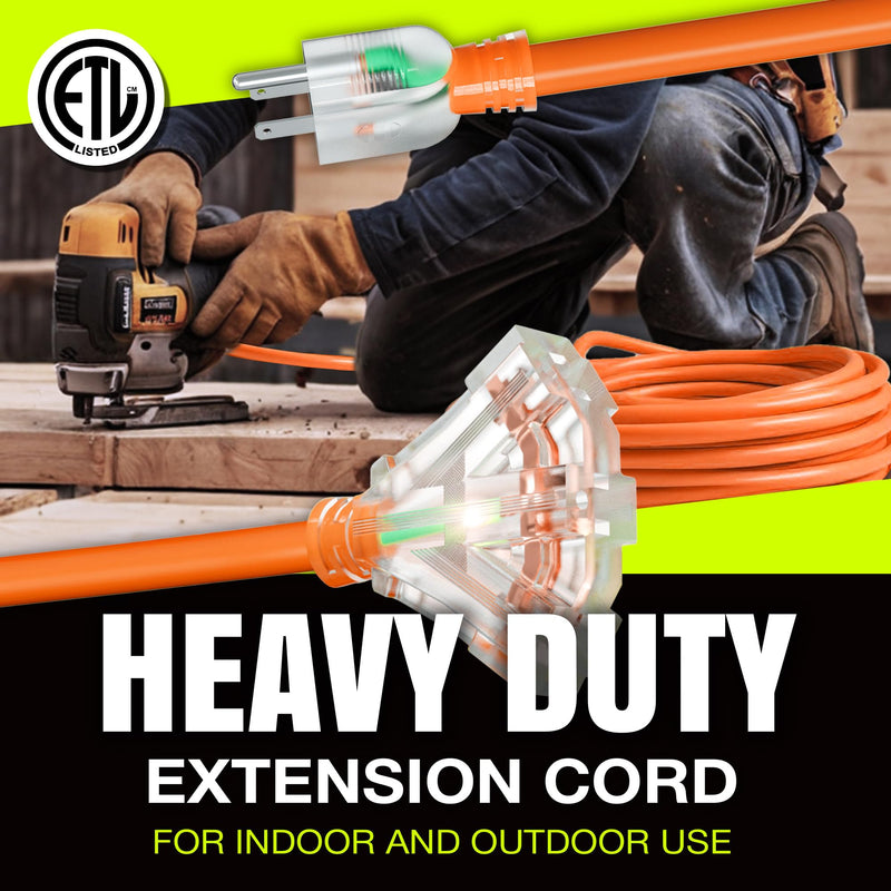 10ft Outdoor/Indoor Extension Cord 3-Outlet 12/3 Gauge Extra Heavy Duty ETL Listed, 3 Prong SJTW, Waterproof, Flexible Cold-Resistant Long Power Cord,125 Amp 1875W, Orange by LifeSupplyUSA