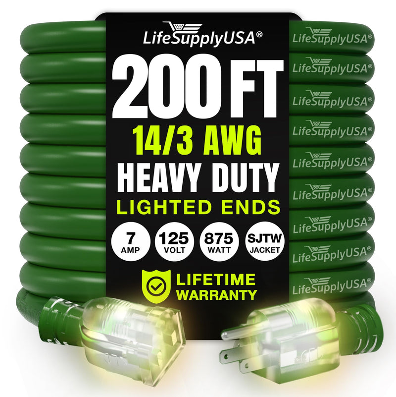 200ft Outdoor/Indoor Extension Cord 14/3 Gauge Heavy Duty 3 Prong SJTW, Waterproof, Flexible Cold-Resistant Long Power Cord,125 Amp 875W, Green by LifeSupplyUSA