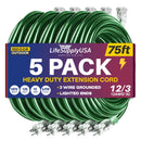 75ft Outdoor/Indoor Extension Cord 12/3 Gauge Extra Heavy Duty 3 Prong SJTW, Waterproof, Flexible Cold-Resistant Long Power Cord,125 Amp 1875W, Green by LifeSupplyUSA (5-Pack)
