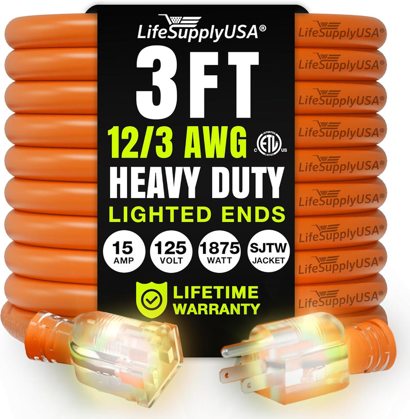 3ft Outdoor/Indoor Extension Cord 12/3 Gauge Extra Heavy Duty 3 Prong SJTW, Waterproof, ETL Listed, Flexible Cold-Resistant Long Power Cord,125 Amp 1875W, Orange by LifeSupplyUSA