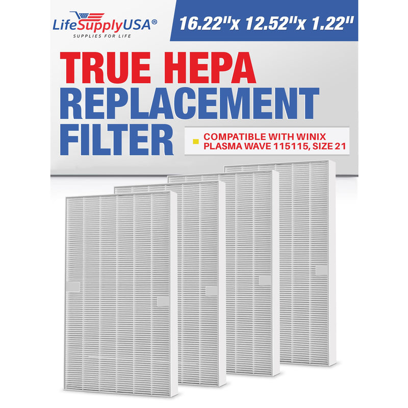 LifeSupplyUSA True HEPA Air Cleaner Filter Replacement Compatible with Winix PlasmaWave 115115, Size 21 (4-Pack)