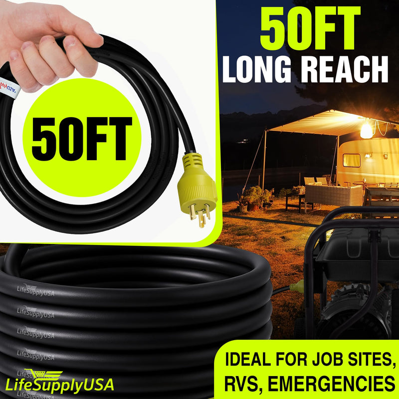 50ft Generator Extension Cord 30 AMP 3-Prong (L5-30P / L5-30R) - 10AWG3 125V STW - Hook and Loop Strap ETL by LifeSupplyUSA