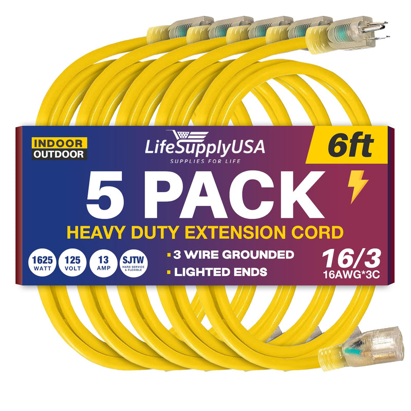 6ft Power Extension Cord Outdoor & Indoor - Waterproof Electric Drop Cord Cable - 3 Prong SJTW, 16 Gauge, 13 AMP, 125 Volts, 1625 Watts, 16/3 by LifeSupplyUSA - Yellow (5 Pack)