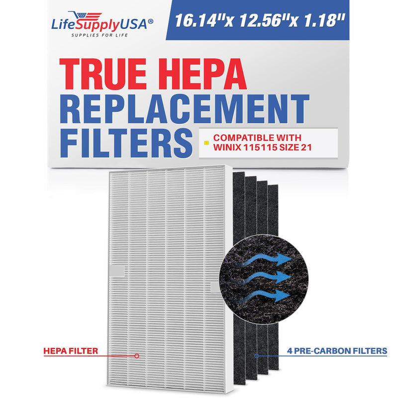 LifeSupplyUSA Complete Replacement Filter Set (1 True HEPA Air Cleaner Replacement Filter + 4 Carbon Filters) Compatible with Winix 115115 Air Purifiers