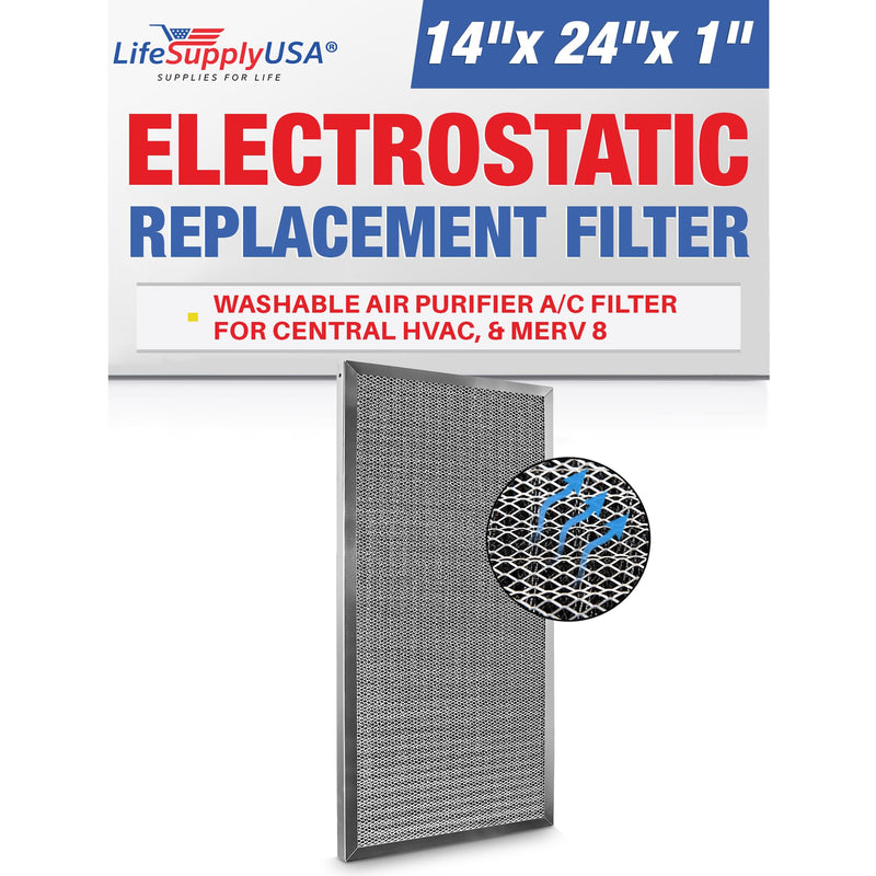 LifeSupplyUSA 14x24x1 Electrostatic Air Filter, MERV 8, Washable, Reusable Furnace AC/HVAC Filter, Energy Saving, Easy to Clean, Long-Lasting - 1-Pack,14" x 24" x 1"