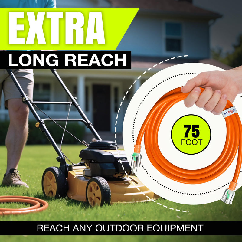 75ft Outdoor/Indoor Extension Cord 16/3 Gauge Heavy Duty 3 Prong SJTW, Waterproof, Flexible Cold-Resistant Long Power Cord,125 Amp 1250W, Orange by LifeSupplyUSA
