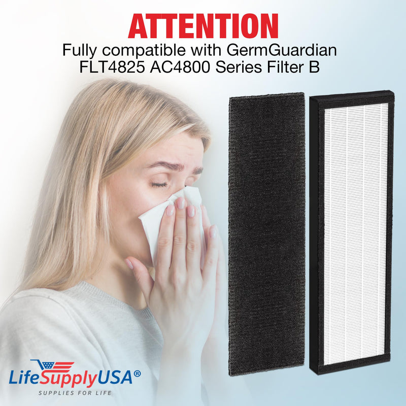 LifeSupplyUSA True HEPA Filter Replacement Compatible with GermGuardian FLT4825 AC4800 Series Filter B Air Purifier (2-Pack)