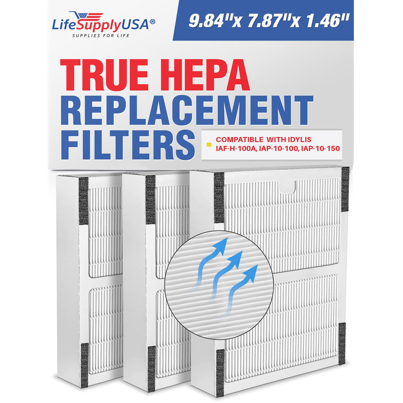 LifeSupplyUSA True HEPA Filter Replacement Compatible with Idylis IAF-H-100A IAP-10-100 IAP-10-150 Air Purifier (3-Pack)
