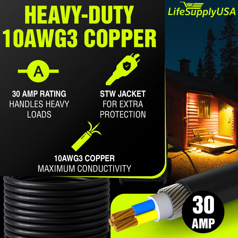 50ft Generator Extension Cord 30 AMP 3-Prong (L5-30P / L5-30R) - 10AWG3 125V STW - Hook and Loop Strap ETL by LifeSupplyUSA