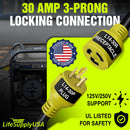 50ft Generator Extension Cord 30 AMP 3-Prong (L5-30P / L5-30R) - 10AWG3 125V STW - Hook and Loop Strap ETL by LifeSupplyUSA