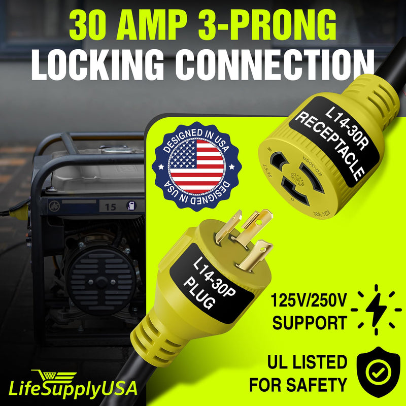 50ft Generator Extension Cord 30 AMP 3-Prong (L5-30P / L5-30R) - 10AWG3 125V STW - Hook and Loop Strap ETL by LifeSupplyUSA