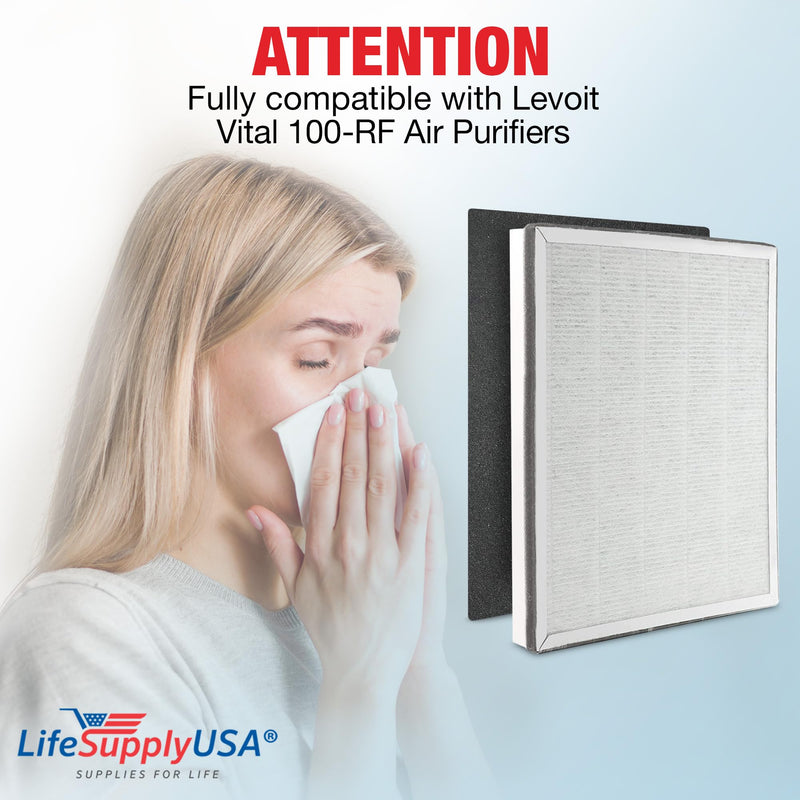 LifeSupplyUSA Complete Replacement Filter Set (1 True HEPA Air Cleaner Replacement Filter + 1 Carbon Filter) Compatible with Levoit Vital 100-RF Air Purifiers