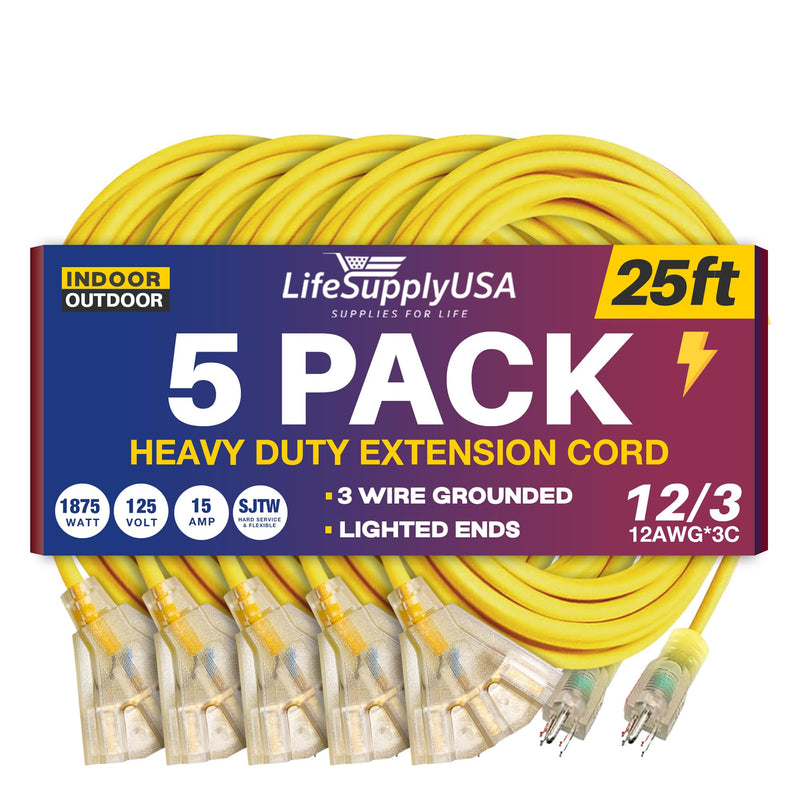 25ft Power Extension Cord Outdoor & Indoor - Waterproof Electric Drop Cord Cable -, 3-Outlet, SJTW, 12 Gauge, 15 AMP, 125 Volts, 1875 Watts, 12/3 by LifeSupplyUSA - Yellow (5 Pack)