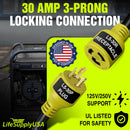 25ft Generator Extension Cord 30 AMP 3-Prong (L5-30P/L5-30R) - 10AWG3 125/250V STW - Hook and Loop Strap ETL Listed by LifeSupplyUSA