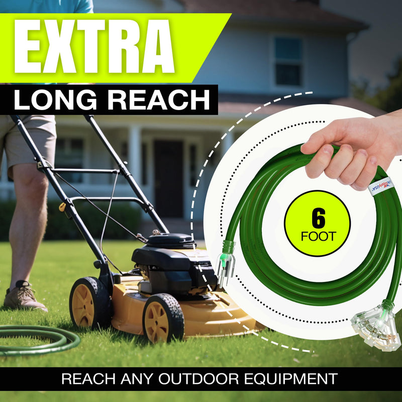 6ft Outdoor/Indoor Extension Cord 3-Outlet 12/3 Gauge Extra Heavy Duty ETL Listed, 3 Prong SJTW, Waterproof, Flexible Cold-Resistant Long Power Cord,125 Amp 1875W, Green by LifeSupplyUSA