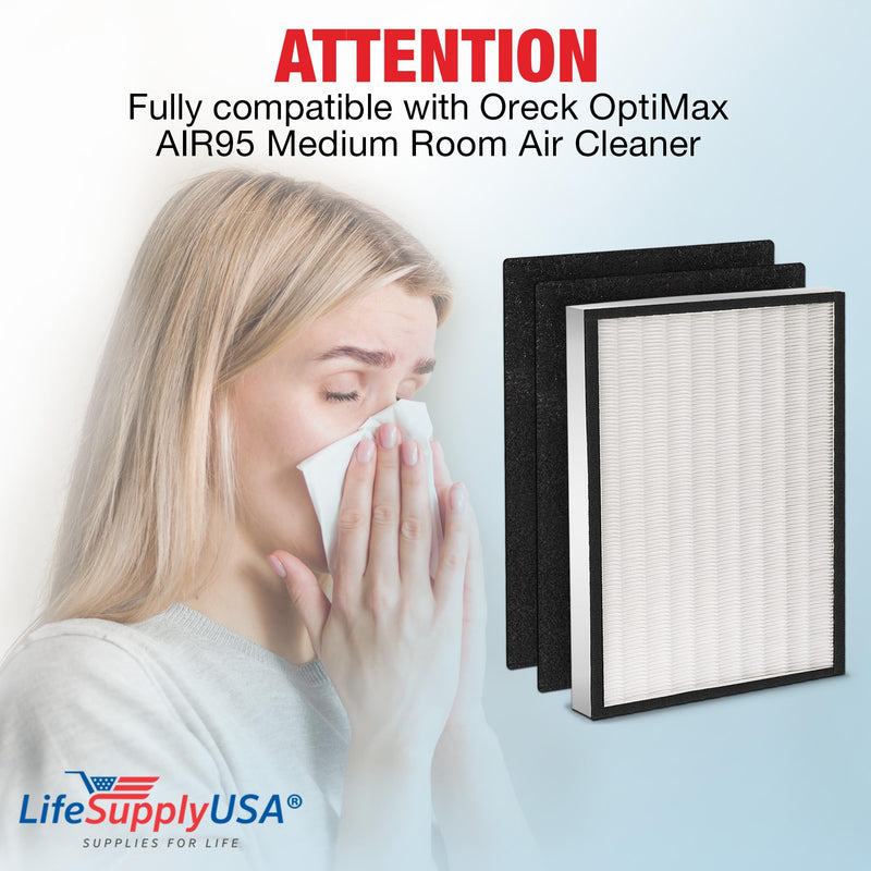 LifeSupplyUSA Complete Replacement Filter Set (1 True HEPA Air Cleaner Replacement Filter + 2 Odor Carbon Filter) Compatible with Oreck OptiMax AIR95 Medium Room Air Purifiers