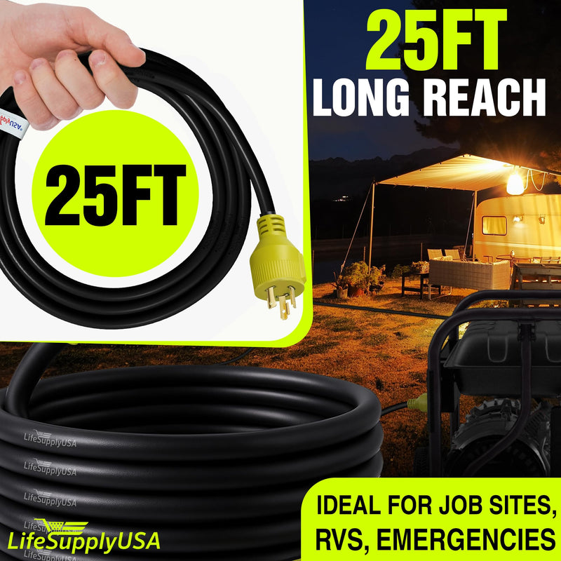 25ft Generator Extension Cord 30 AMP 3-Prong (L5-30P/L5-30R) - 10AWG3 125/250V STW - Hook and Loop Strap ETL Listed by LifeSupplyUSA