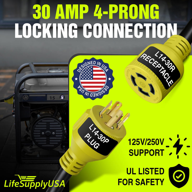 25ft Generator Extension Cord 30 AMP 4-Prong (L14-30P / L14-30R) - 10AWG4 125/250V STW - Hook and Loop Strap ETL Listed by LifeSupplyUSA