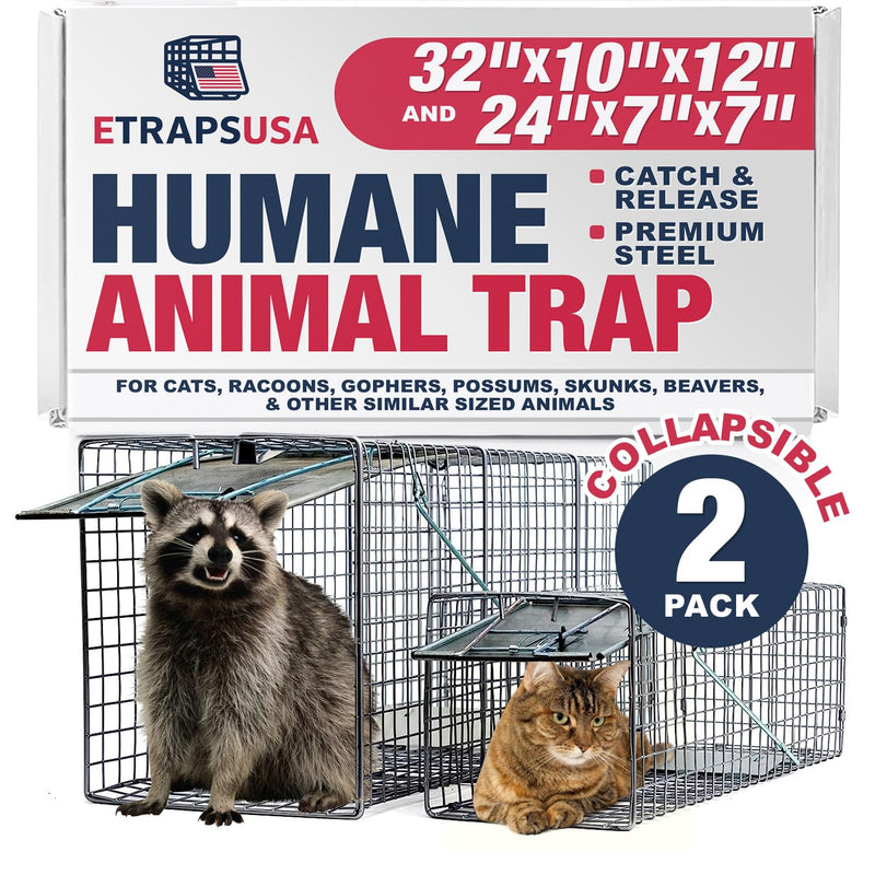 LifeSupplyUSA (2-Pack) - 2pc Animal Traps (32"x10"x12" and 24"x7"x7") - Humane Traps for Cats, Racoons, Gophers, Possums, Skunks, Beavers and Others, Easy Trap Catch & Release 1-Door
