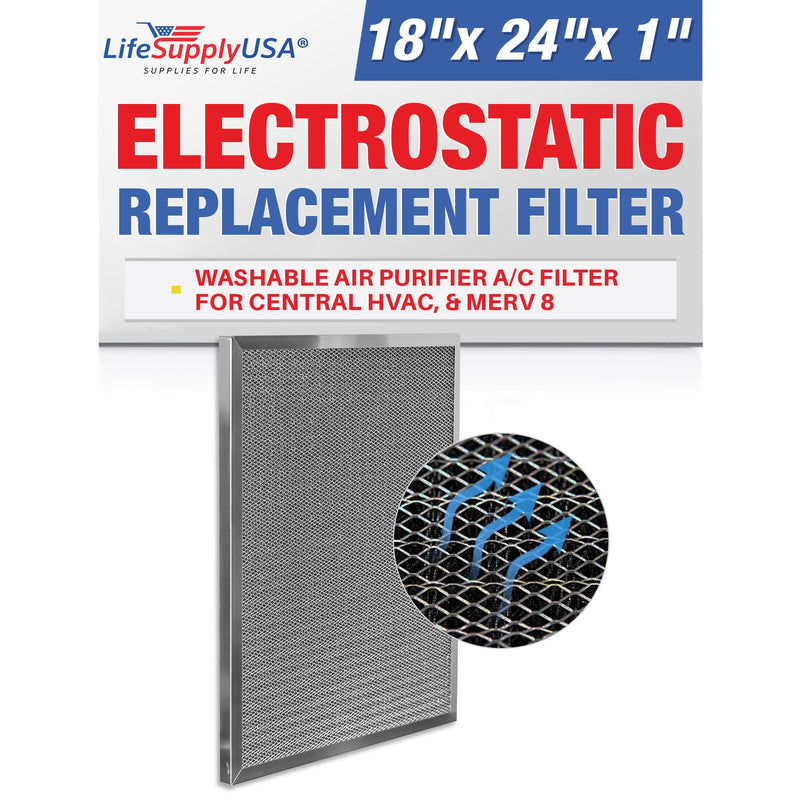 LifeSupplyUSA 18x24x1 Electrostatic Air Filter, MERV 8, Washable, Reusable Furnace AC/HVAC Filter, Energy Saving, Easy to Clean, Long-Lasting