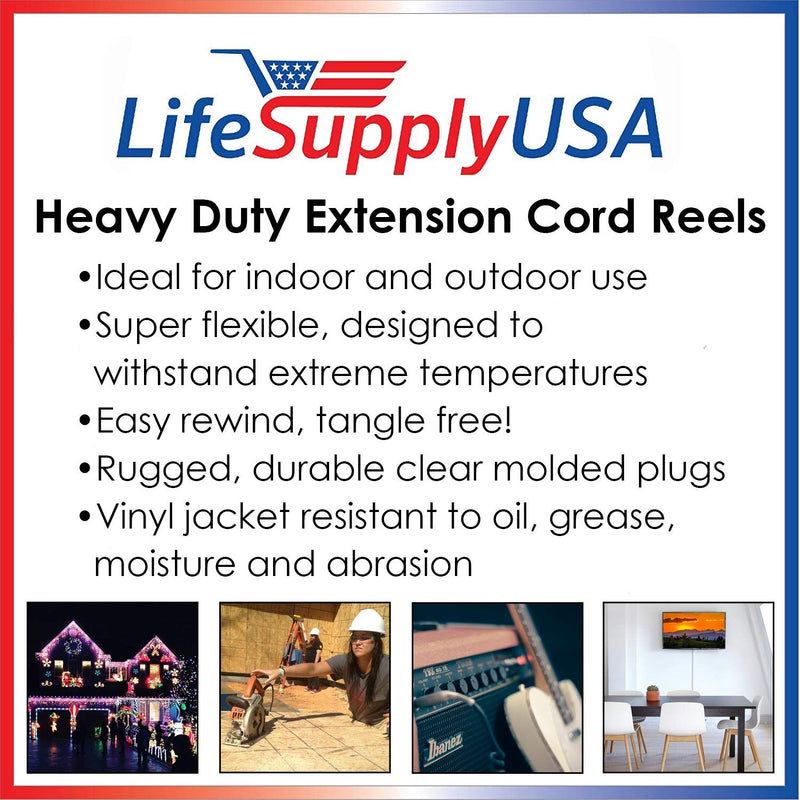 25ft Cable Reel 6-Outlet Retractable Extension Cord Reel Heavy Duty 16/3 Cable 13 AMP, 125 Volt, 1625 Watt by LifeSupplyUSA