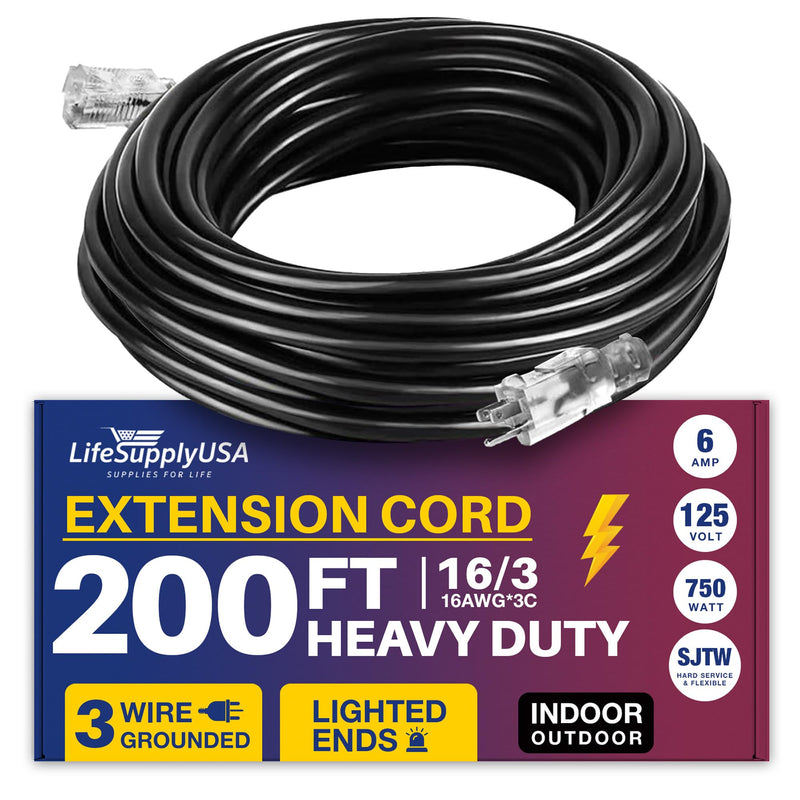 200ft Power Extension Cord Outdoor & Indoor - Waterproof Electric Drop Cord Cable - 3 Prong SJTW, 16 Gauge, 6 AMP, 125 Volts, 750 Watts, 16/3 by LifeSupplyUSA - Black (1 Pack)