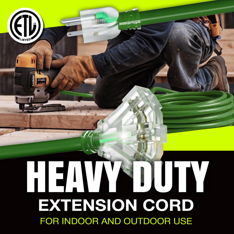 6ft Outdoor/Indoor Extension Cord 3-Outlet 12/3 Gauge Extra Heavy Duty ETL Listed, 3 Prong SJTW, Waterproof, Flexible Cold-Resistant Long Power Cord,125 Amp 1875W, Green by LifeSupplyUSA