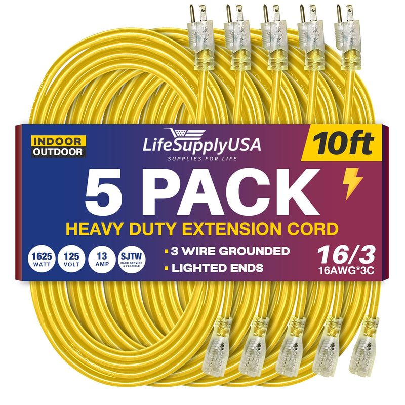 10ft Power Extension Cord Outdoor & Indoor - Waterproof Electric Drop Cord Cable - 3 Prong SJTW, 16 Gauge, 13 AMP, 125 Volts, 1625 Watts, 16/3 by LifeSupplyUSA - Yellow (5 Pack)