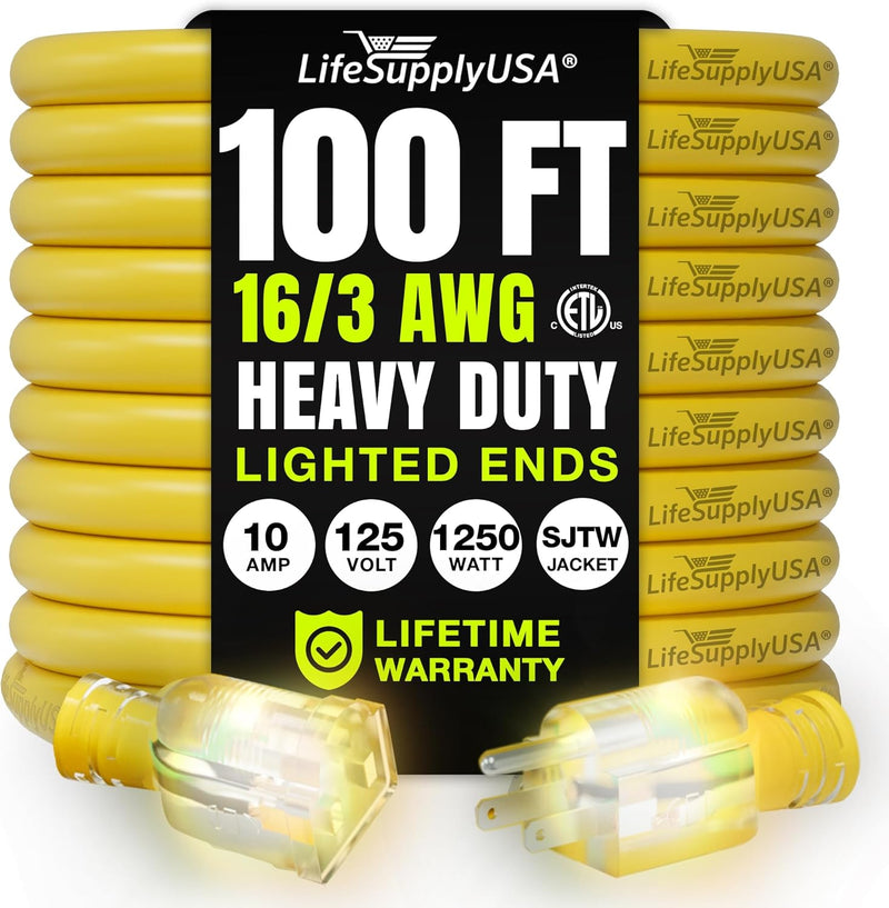 100ft Outdoor/Indoor Extension Cord 16/3 Gauge Heavy Duty 3 Prong SJTW, Waterproof, ETL Listed, Flexible Cold-Resistant Long Power Cord,125 Amp 1250W, Yellow by LifeSupplyUSA