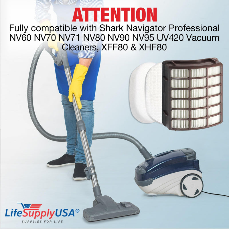 LifeSupplyUSA Vacuum Foam and Felt HEPA Filter Replacement Compatible with Shark Navigator Professional NV60 NV70 NV71 NV80 NV90 NV95 UV420 Vacuum Cleaners, Part XFF80 & XHF80