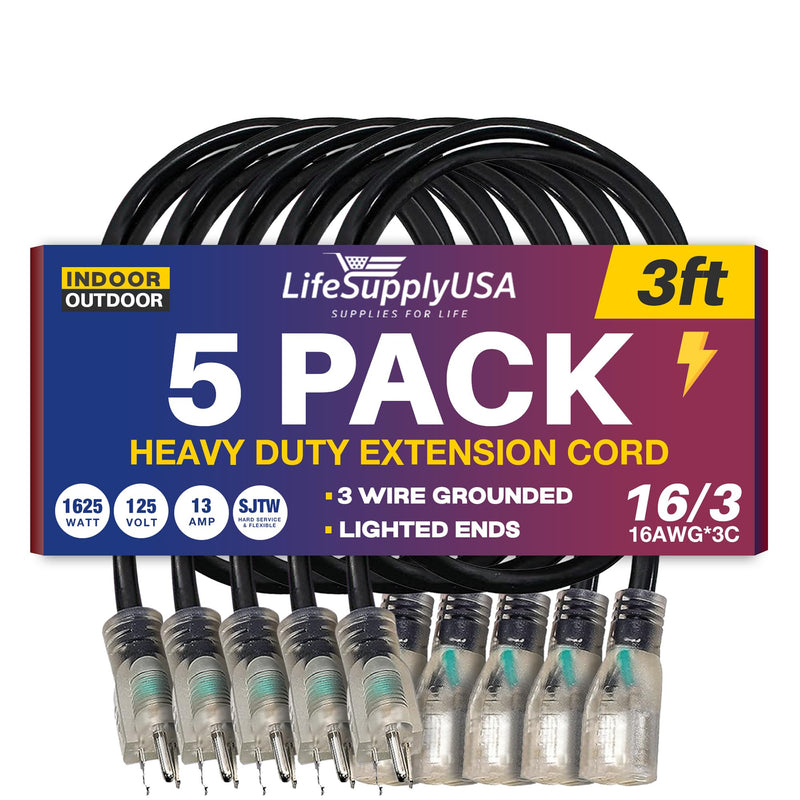 3ft Power Outdoor Extension Cord & Indoor - Waterproof Electric Drop Cord Cable - 3 Prong SJTW, 16 Gauge, 13 AMP, 125 Volts, 1625 Watts, 16/3 by LifeSupplyUSA - Black (5 Pack)