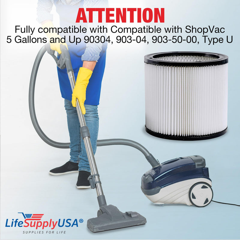 LifeSupplyUSA Wet/Dry Vacuum Filter Replacement Compatible with ShopVac 5 Gallons and Up 90304, 903-04, 903-50-00, Type U